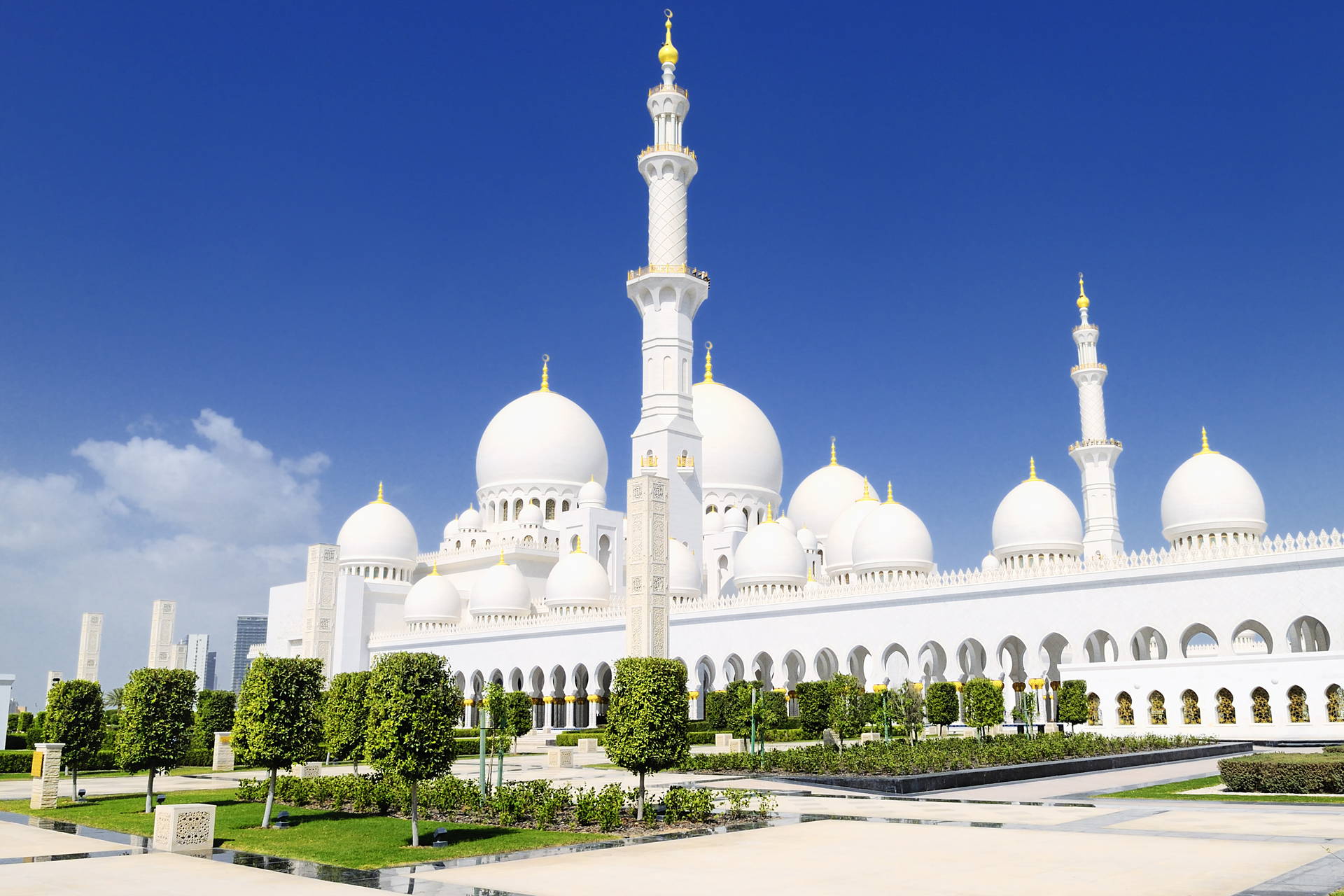 Biały meczet Sheikh Zayed w Abu Zabi na tle błękitnego nieba.