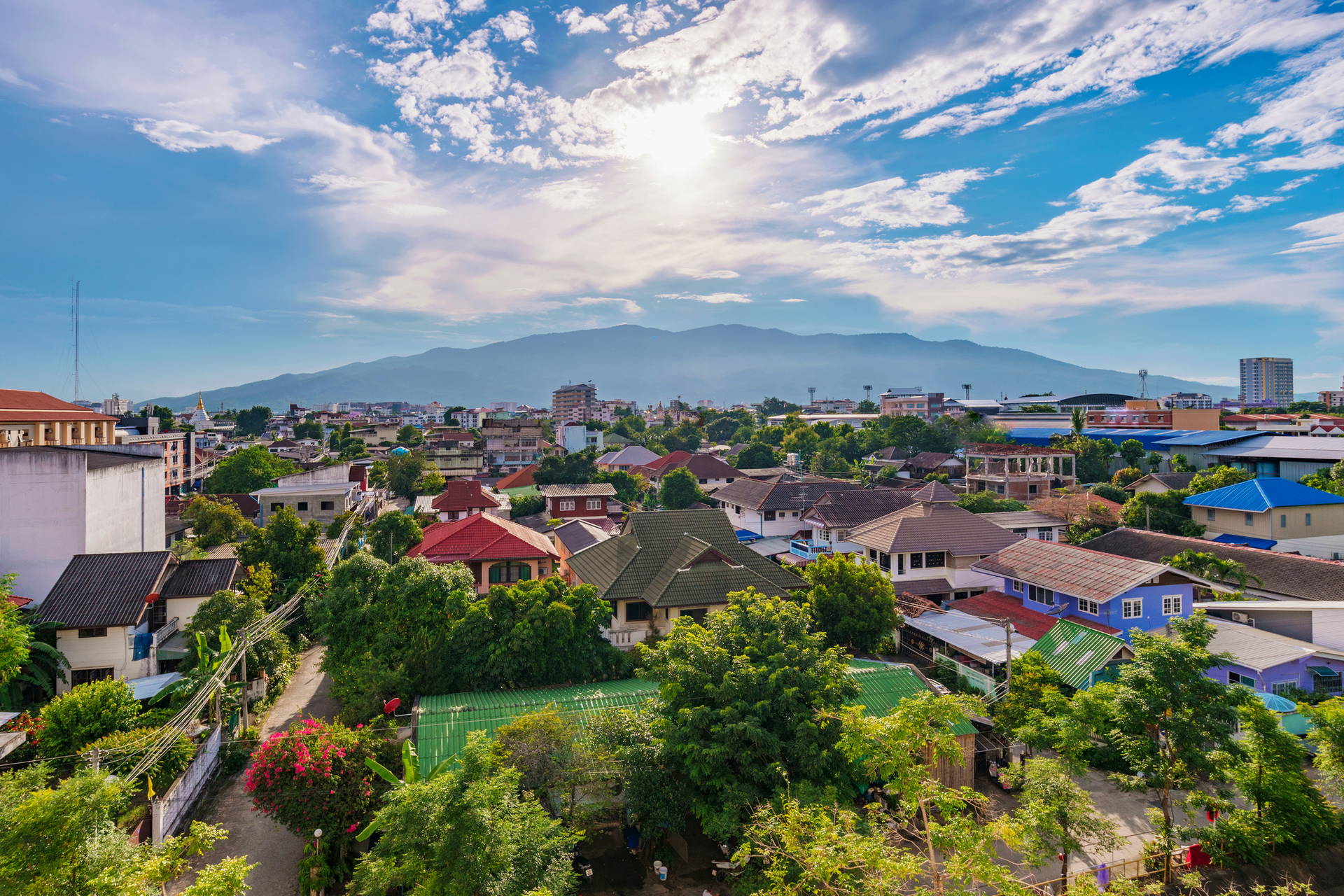 Panorama miasta z domami, drzewami i górami w tle.
