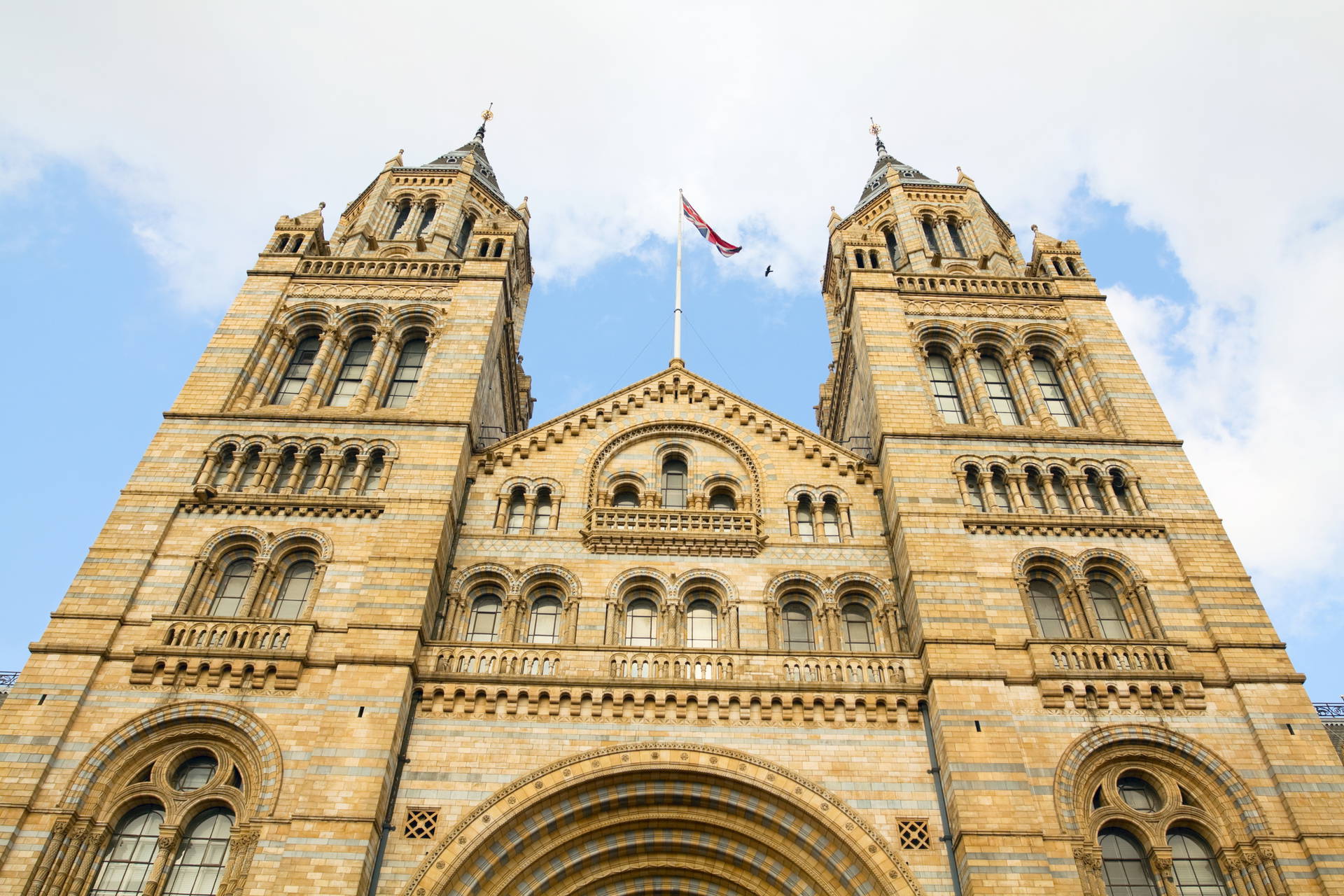 Fasada Muzeum Historii Naturalnej w Londynie z brytyjską flagą.