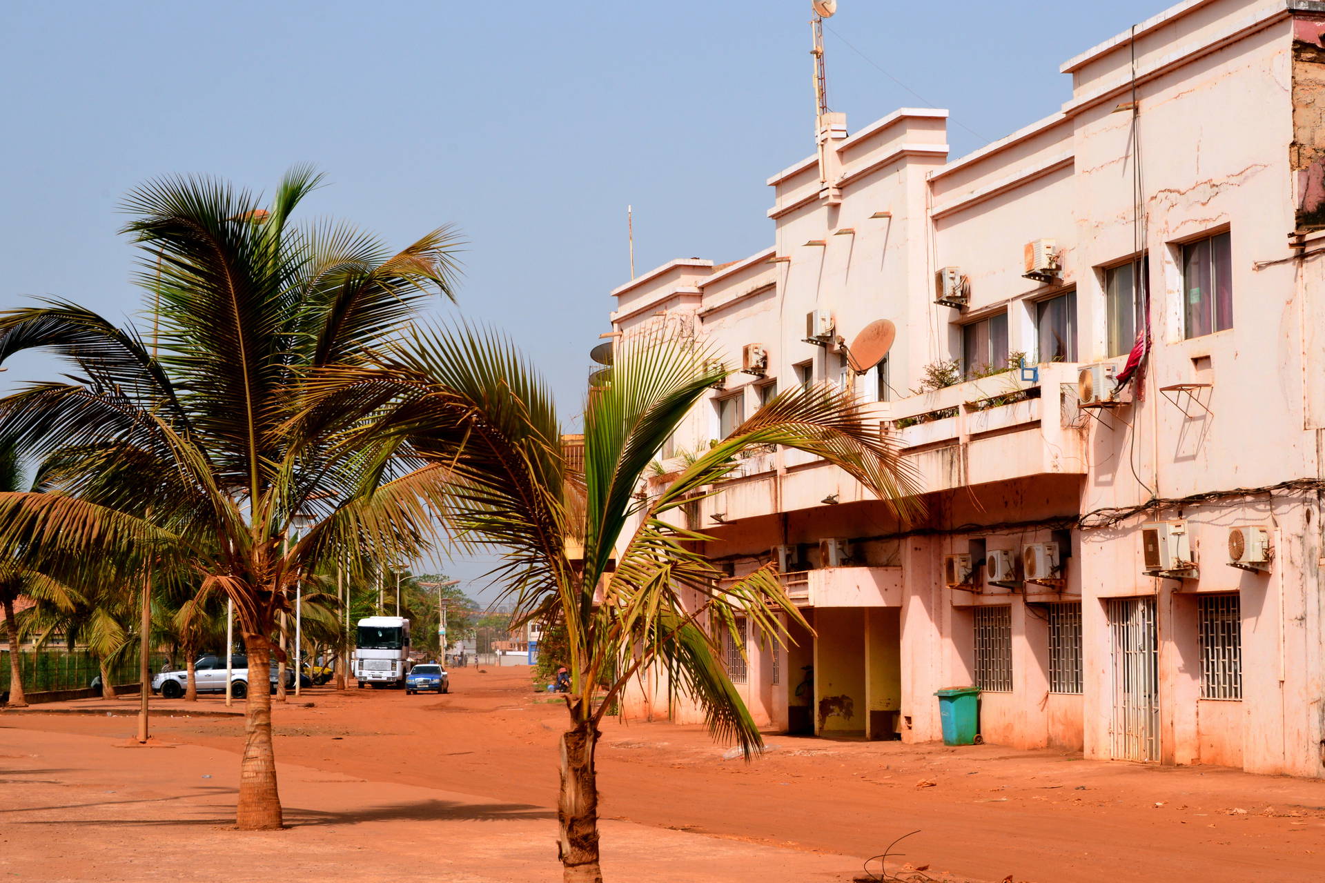 Ulica w Bissau, Gwinea Bissau, obsadzona palmami.