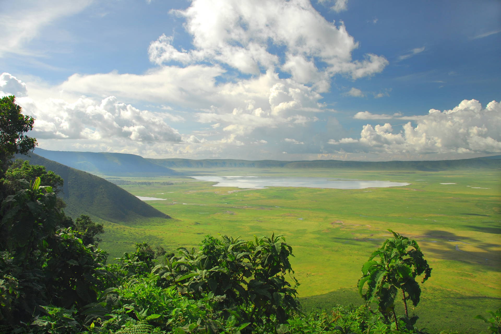 Krater Ngorongoro w Tanzanii z zielonym dnem i jeziorem.