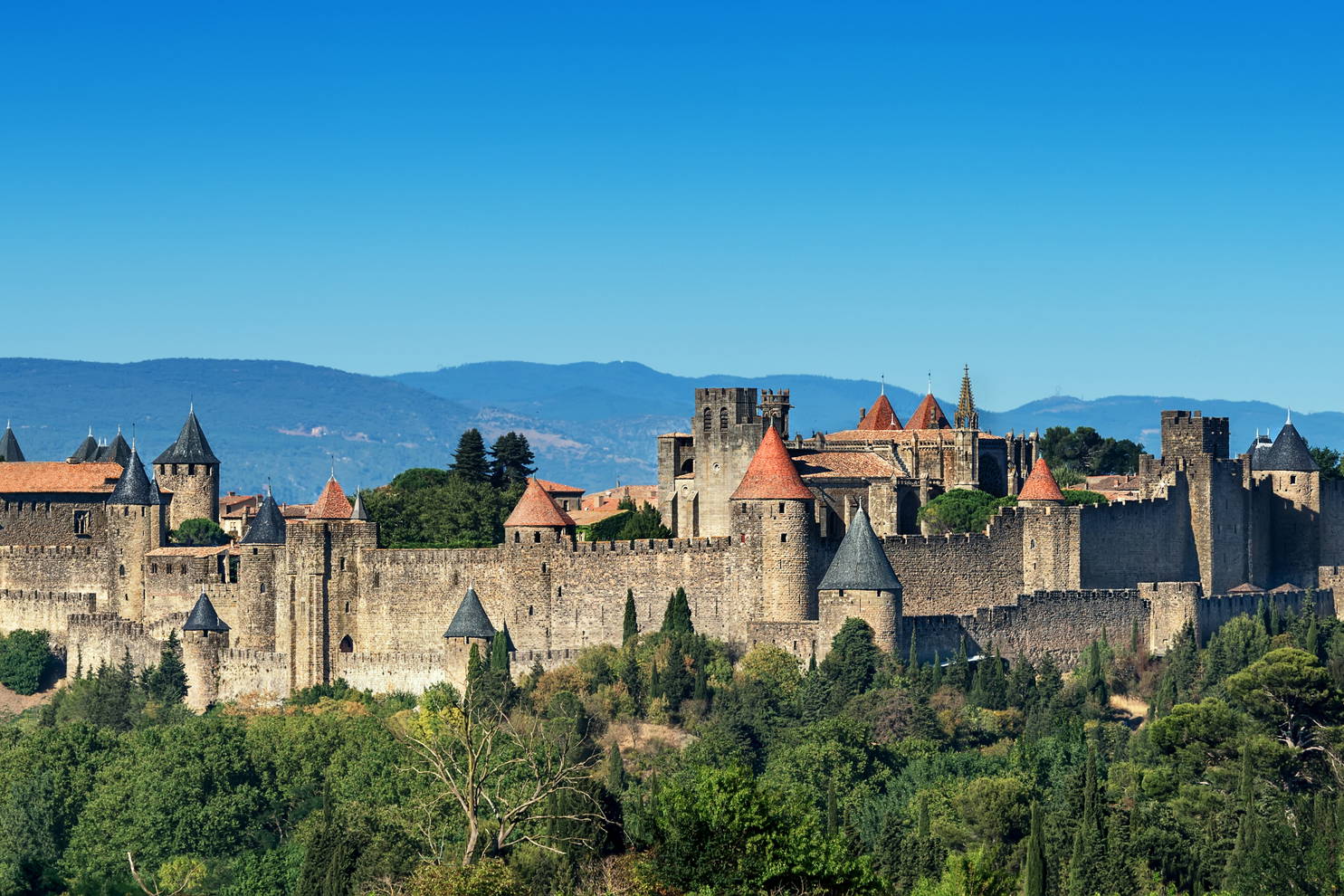 Panorama średniowiecznego miasta Carcassonne na wzgórzu.