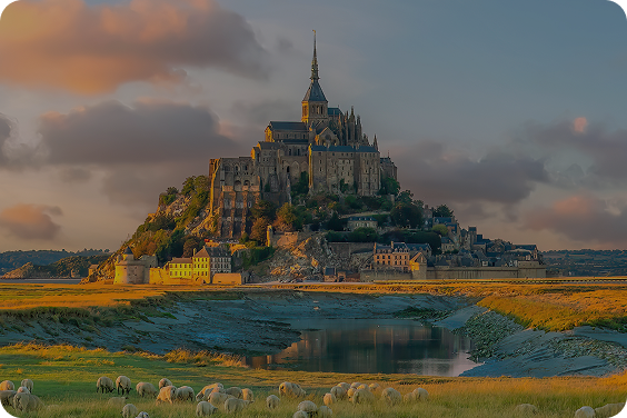 Mont Saint-Michel we Francji z owcami na pierwszym planie.