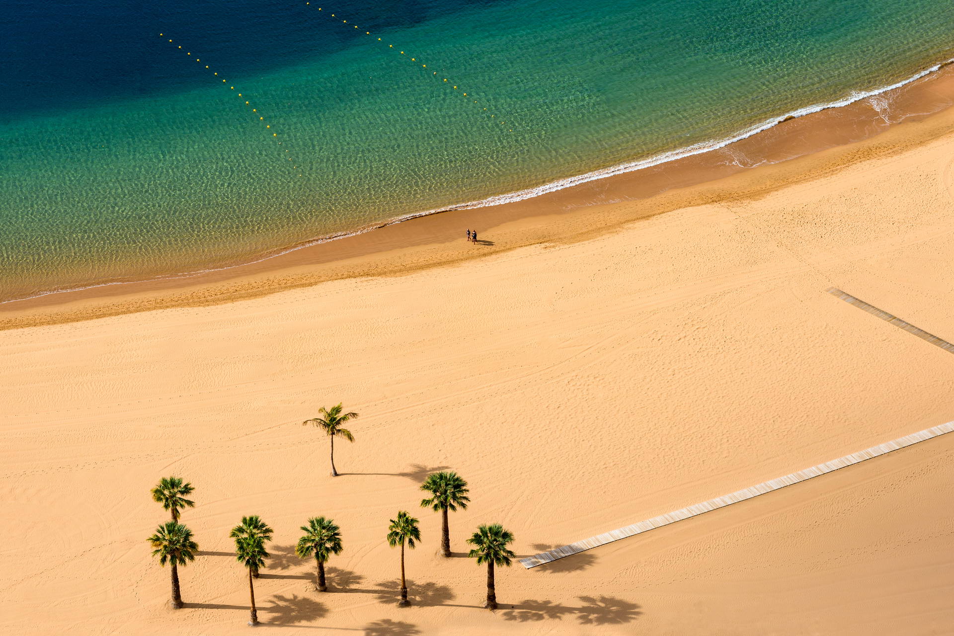 Plaża z palmami i drewnianą kładką, widok z góry.