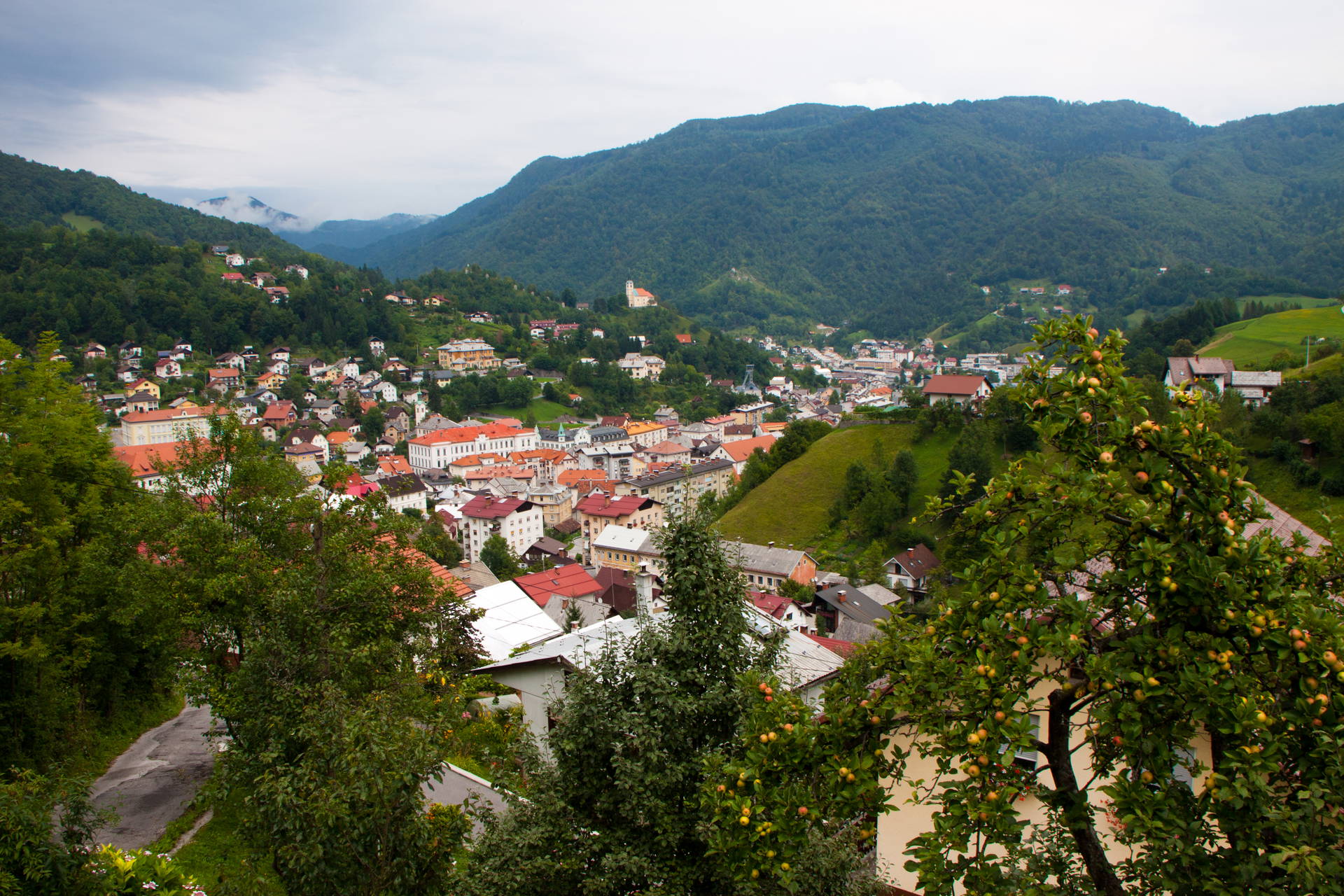 Górski krajobraz z zabudową miejską w dolinie.