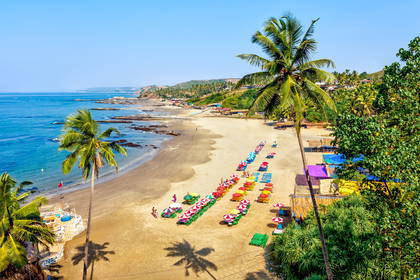 Plaża w Goa z palmami i kolorowymi parasolami.