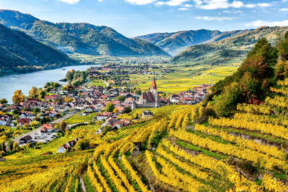Krajobraz Wachau w Austrii: Dunaj, winnice i kościół.