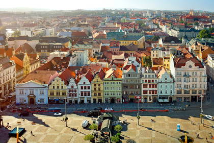 Panorama Starego Miasta w Pilźnie z lotu ptaka.
