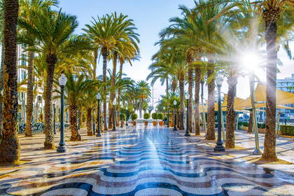 Esplanada w Alicante: palmy, latarnie i mozaika na chodniku.